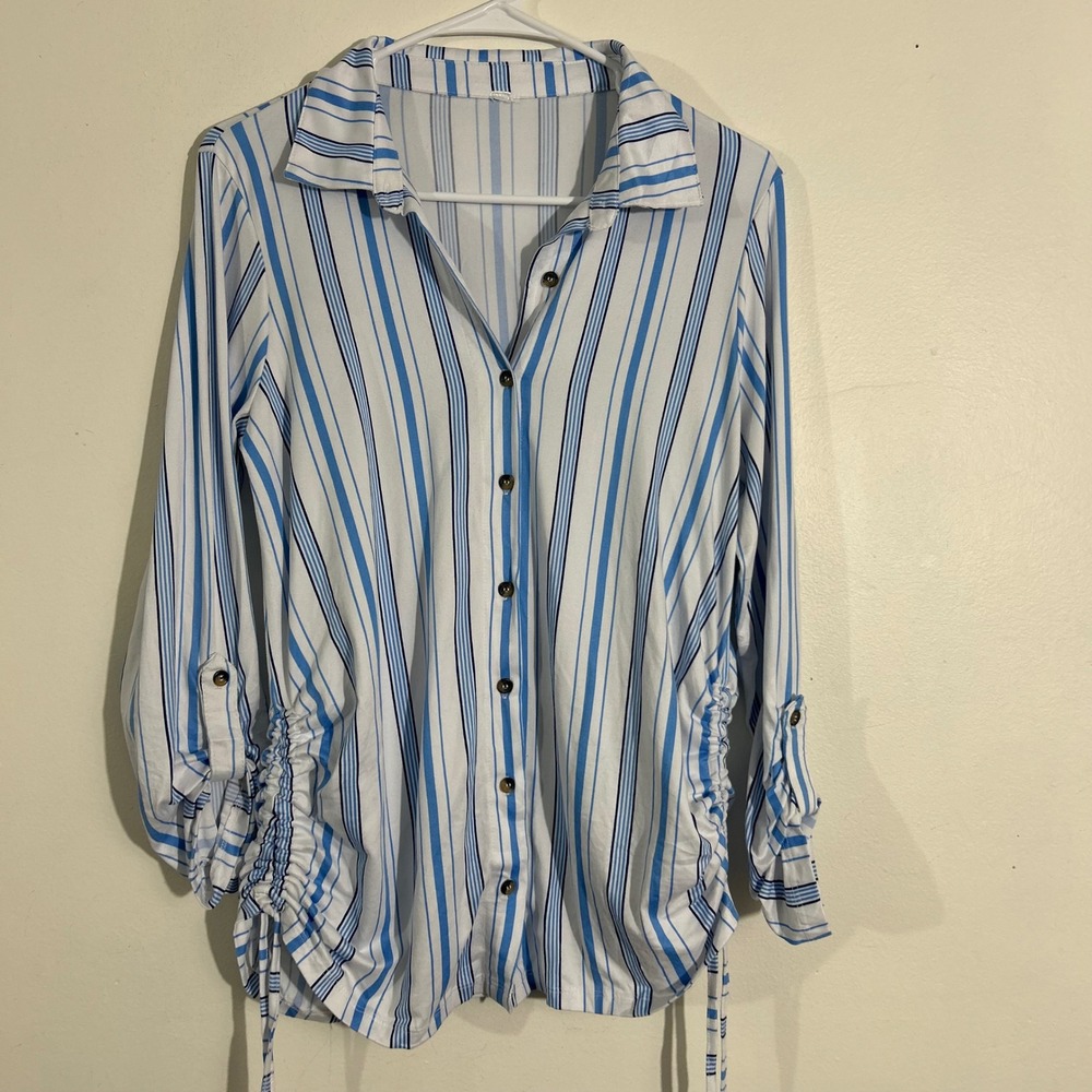 Striped Button Down Shirt Blue White Long Sleeve Drawstring Casual‎ Womens
